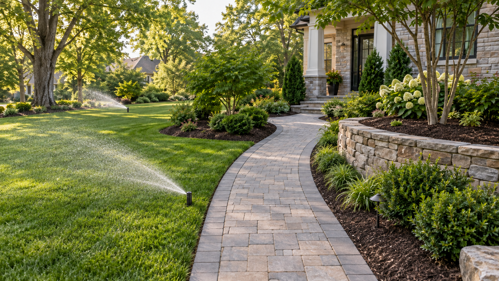 AI-generated landscape concept: a finished paver walkway beside an edged green lawn with pop-up sprinklers, mulched shrub beds, and a low stone retaining wall